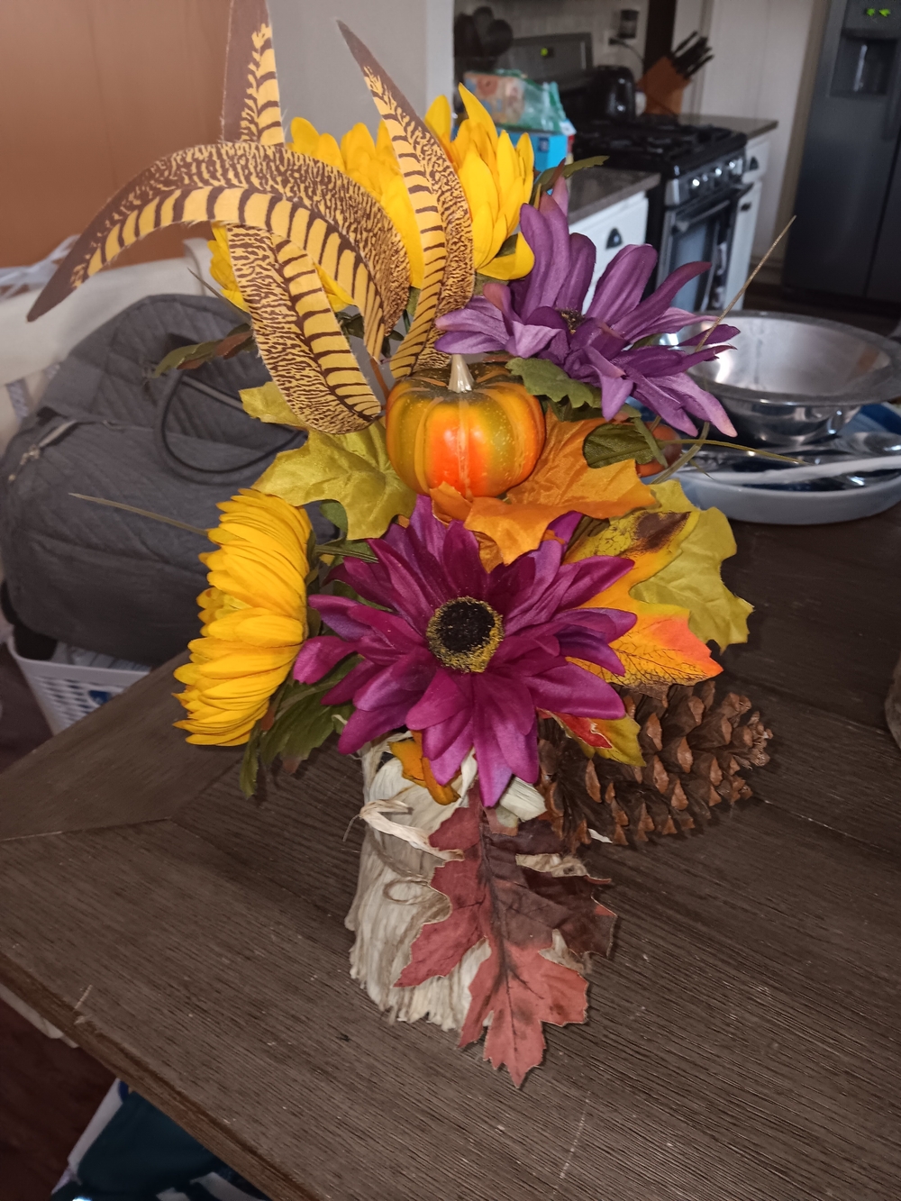 Purple & Yellow Faux Floral Autumn Bouquet with Pumpkin Accent